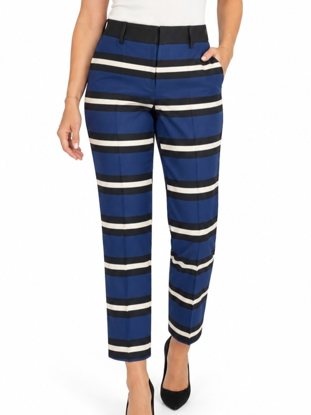 Express Striped Blue, Black, & White Ankle Pants NWT